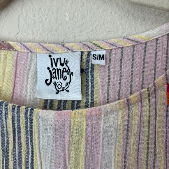 Ivy Jane Embroidered Cotton Mixed Stripe Boxy Boho Blouse Top - Picture 2 of 13